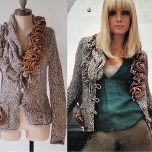 HWR ANTHROPOLOGIE RUFFLE tweed marled brown alpaca wool sweater lackeycardigan S